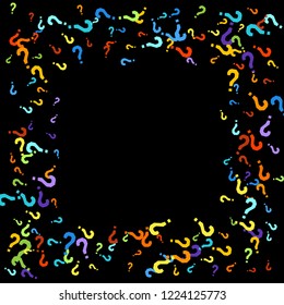 Question marks scattered on black background. Quiz, doubt, poll, survey, faq, interrogation, query background. Multicolored template for opinion poll, public poll. Rainbow color. Vector illustration.