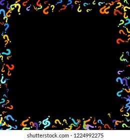 Question marks scattered on black background. Quiz, doubt, poll, survey, faq, interrogation, query background. Multicolored template for opinion poll, public poll. Rainbow color. Vector illustration.