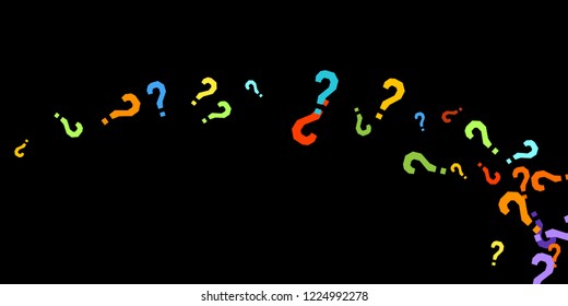 Question marks scattered on black background. Quiz, doubt, poll, survey, faq, interrogation, query background. Multicolored template for opinion poll, public poll. Rainbow color. Vector illustration.