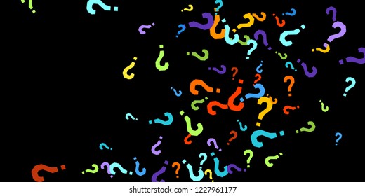 Question Marks Scattered On Black Background. Quiz, Doubt, Poll, Survey, Faq, Interrogation, Query Background. Multicolored Template For Opinion Poll, Public Poll. Rainbow Color. Vector Illustration.