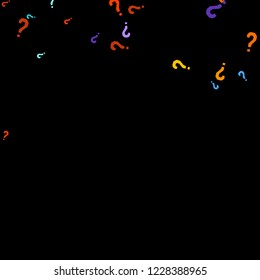 Question marks scattered on black background. Quiz, doubt, poll, survey, faq, interrogation, query background. Multicolored template for opinion poll, public poll. Rainbow color. Vector illustration.