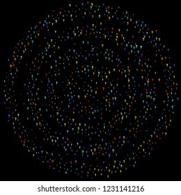 Question marks scattered on black background. Quiz, doubt, poll, survey, faq, interrogation, query background. Multicolored template for opinion poll, public poll. Rainbow color. Vector illustration.