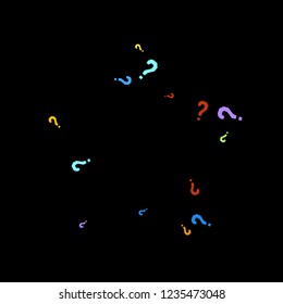 Question marks scattered on black background. Quiz, doubt, poll, survey, faq, interrogation, query background. Multicolored template for opinion poll, public poll. Rainbow color. Vector illustration.