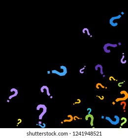 Question marks scattered on black background. Quiz, doubt, poll, survey, faq, interrogation, query background. Multicolored template for opinion poll, public poll. Rainbow color. Vector illustration.