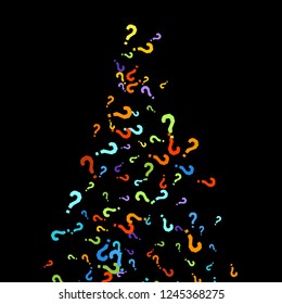 Question marks scattered on black background. Quiz, doubt, poll, survey, faq, interrogation, query background. Multicolored template for opinion poll, public poll. Rainbow color. Vector illustration.
