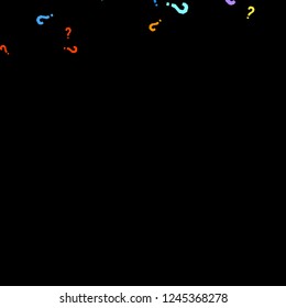 Question marks scattered on black background. Quiz, doubt, poll, survey, faq, interrogation, query background. Multicolored template for opinion poll, public poll. Rainbow color. Vector illustration.