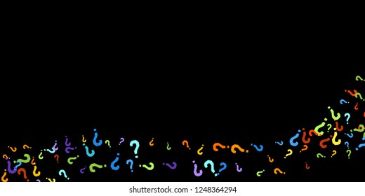 Question marks scattered on black background. Quiz, doubt, poll, survey, faq, interrogation, query background. Multicolored template for opinion poll, public poll. Rainbow color. Vector illustration.