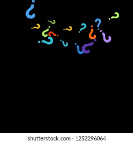 Question marks scattered on black background. Quiz, poll, survey, faq, query background. Multicolored template for opinion poll, public poll. Rainbow color. Vector illustration.