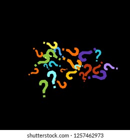 Question marks scattered on black background. Quiz, doubt, poll, survey, faq, interrogation, query background. Multicolored template for opinion poll, public poll. Rainbow color. Vector illustration.