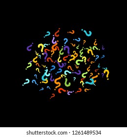 Question marks scattered on black background. Quiz, doubt, poll, survey, faq, interrogation, query background. Multicolored template for opinion poll, public poll. Rainbow color. Vector illustration.