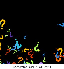 Question marks scattered on black background. Quiz, doubt, poll, survey, faq, interrogation, query background. Multicolored template for opinion poll, public poll. Rainbow color. Vector illustration.