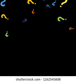 Question marks scattered on black background. Quiz, doubt, poll, survey, faq, interrogation, query background. Multicolored template for opinion poll, public poll. Rainbow color. Vector illustration.