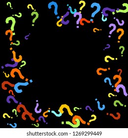 Question marks scattered on black background. Quiz, doubt, poll, survey, faq, interrogation, query background. Multicolored template for opinion poll, public poll. Rainbow color. Vector illustration.