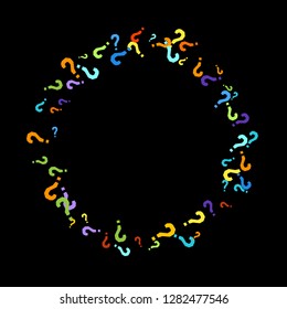 Question marks scattered on black background. Quiz, doubt, poll, survey, faq, interrogation, query background. Multicolored template for opinion poll, public poll. Rainbow color. Vector illustration.