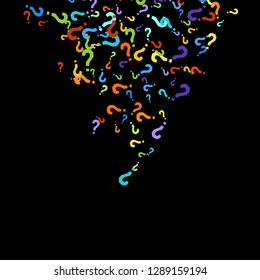 Question marks scattered on black background. Quiz, doubt, poll, survey, faq, interrogation, query background. Multicolored template for opinion poll, public poll. Rainbow color. Vector illustration.