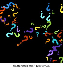 Question marks scattered on black background. Quiz, doubt, poll, survey, faq, interrogation, query background. Multicolored template for opinion poll, public poll. Rainbow color. Vector illustration.