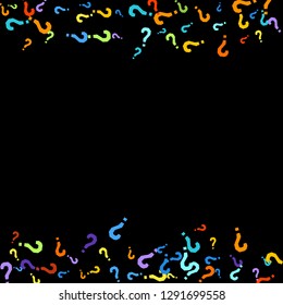 Question marks scattered on black background. Quiz, doubt, poll, survey, faq, interrogation, query background. Multicolored template for opinion poll, public poll. Rainbow color. Vector illustration.