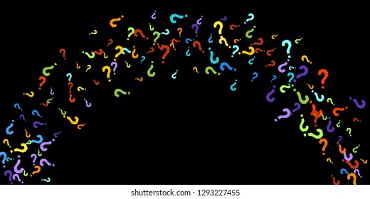 Question marks scattered on black background. Quiz, doubt, poll, survey, faq, interrogation, query background. Multicolored template for opinion poll, public poll. Rainbow color. Vector illustration.