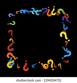 Question marks scattered on black background. Quiz, doubt, poll, survey, faq, interrogation, query background. Multicolored template for opinion poll, public poll. Rainbow color. Vector illustration.