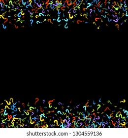 Question marks scattered on black background. Quiz, doubt, poll, survey, faq, interrogation, query background. Multicolored template for opinion poll, public poll. Rainbow color. Vector illustration.