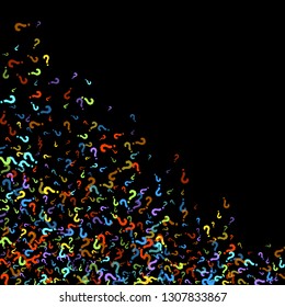 Question marks scattered on black background. Quiz, doubt, poll, survey, faq, interrogation, query background. Multicolored template for opinion poll, public poll. Rainbow color. Vector illustration.