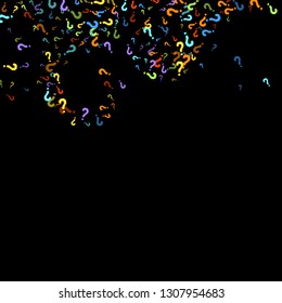 Question marks scattered on black background. Quiz, doubt, poll, survey, faq, interrogation, query background. Multicolored template for opinion poll, public poll. Rainbow color. Vector illustration.