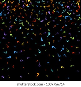 Question marks scattered on black background. Quiz, doubt, poll, survey, faq, interrogation, query background. Multicolored template for opinion poll, public poll. Rainbow color. Vector illustration.