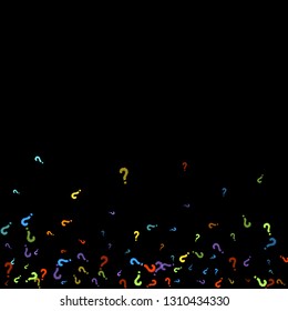 Question marks scattered on black background. Quiz, doubt, poll, survey, faq, interrogation, query background. Multicolored template for opinion poll, public poll. Rainbow color. Vector illustration.