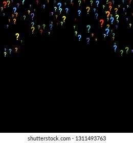 Question marks scattered on black background. Quiz, doubt, poll, survey, faq, interrogation, query background. Multicolored template for opinion poll, public poll. Rainbow color. Vector illustration.