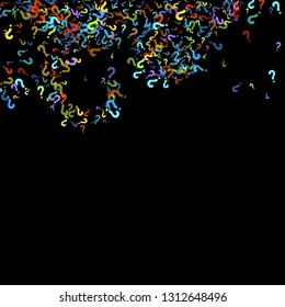 Question marks scattered on black background.  Multicolored template for opinion poll, public poll. Rainbow color. Vector illustration.