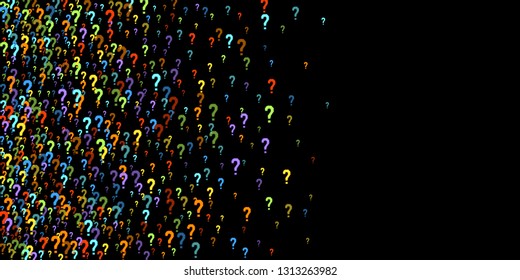 Question marks scattered on black background. Quiz, doubt, poll, survey, faq, interrogation, query background. Multicolored template for opinion poll, public poll. Rainbow color. Vector illustration.