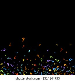 Question marks scattered on black background. Quiz, doubt, poll, survey, faq, interrogation, query background. Multicolored template for opinion poll, public poll. Rainbow color. Vector illustration.