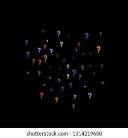 Question marks scattered on black background. Quiz, doubt, poll, survey, faq, interrogation, query background. Multicolored template for opinion poll, public poll. Rainbow color. Vector illustration.
