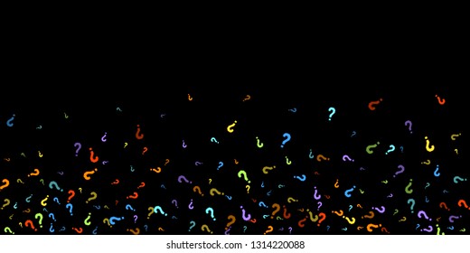 Question marks scattered on black background. Quiz, doubt, poll, survey, faq, interrogation, query background. Multicolored template for opinion poll, public poll. Rainbow color. Vector illustration.