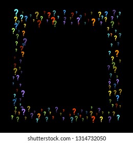 Question marks scattered on black background. Quiz, doubt, poll, survey, faq, interrogation, query background. Multicolored template for opinion poll, public poll. Rainbow color. Vector illustration.