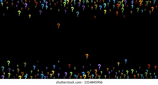 Question marks scattered on black background. Quiz, doubt, poll, survey, faq, interrogation, query background. Multicolored template for opinion poll, public poll. Rainbow color. Vector illustration.