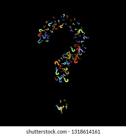 Question marks scattered on black background. Quiz, doubt, poll, survey, faq, interrogation, query background. Multicolored template for opinion poll, public poll. Rainbow color. Vector illustration.