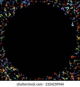 Question marks scattered on black background. Quiz, doubt, poll, survey, faq, interrogation, query background. Multicolored template for opinion poll, public poll. Rainbow color. Vector illustration.