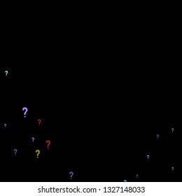 Question marks scattered on black background. Quiz, doubt, poll, survey, faq, interrogation, query background. Multicolored template for opinion poll, public poll. Rainbow color. Vector illustration.