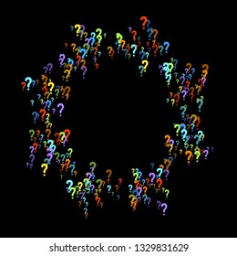 Question marks scattered on black background. Quiz, doubt, poll, survey, faq, interrogation, query background. Multicolored template for opinion poll, public poll. Rainbow color. Vector illustration.