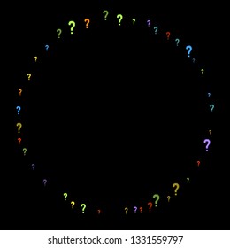 Question marks scattered on black background. Quiz, doubt, poll, survey, faq, interrogation, query background. Multicolored template for opinion poll, public poll. Rainbow color. Vector illustration.