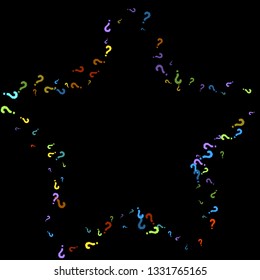 Question marks scattered on black background. Quiz, doubt, poll, survey, faq, interrogation, query background. Multicolored template for opinion poll, public poll. Rainbow color. Vector illustration.
