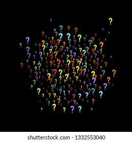 Question marks scattered on black background. Quiz, doubt, poll, survey, faq, interrogation, query background. Multicolored template for opinion poll, public poll. Rainbow color. Vector illustration.