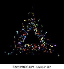 Question marks scattered on black background. Quiz, doubt, poll, survey, faq, interrogation, query background. Multicolored template for opinion poll, public poll. Rainbow color. Vector illustration.