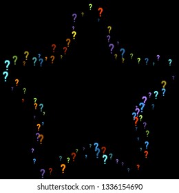 Question marks scattered on black background. Quiz, doubt, poll, survey, faq, interrogation, query background. Multicolored template for opinion poll, public poll. Rainbow color. Vector illustration.