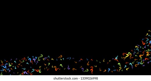 Question marks scattered on black background. Quiz, doubt, poll, survey, faq, interrogation, query background. Multicolored template for opinion poll, public poll. Rainbow color. Vector illustration.