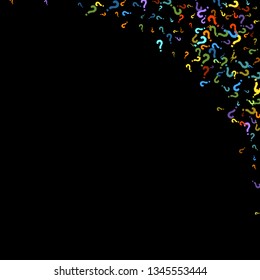 Question marks scattered on black background. Quiz, doubt, poll, survey, faq, interrogation, query background. Multicolored template for opinion poll, public poll. Rainbow color. Vector illustration.