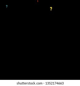 Question marks scattered on black background. Quiz, doubt, poll, survey, faq, interrogation, query background. Multicolored template for opinion poll, public poll. Rainbow color. Vector illustration.