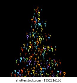 Question marks scattered on black background. Quiz, doubt, poll, survey, faq, interrogation, query background. Multicolored template for opinion poll, public poll. Rainbow color. Vector illustration.