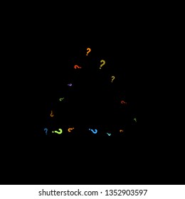 Question marks scattered on black background. Quiz, doubt, poll, survey, faq, interrogation, query background. Multicolored template for opinion poll, public poll. Rainbow color. Vector illustration.
